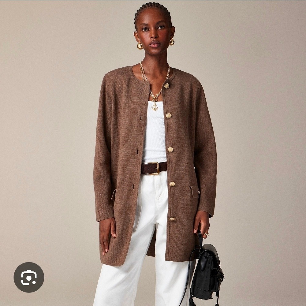 J.Crew Womens Brown Cotton Long Cardigan Sweater Gold Crest Button Coatigan M